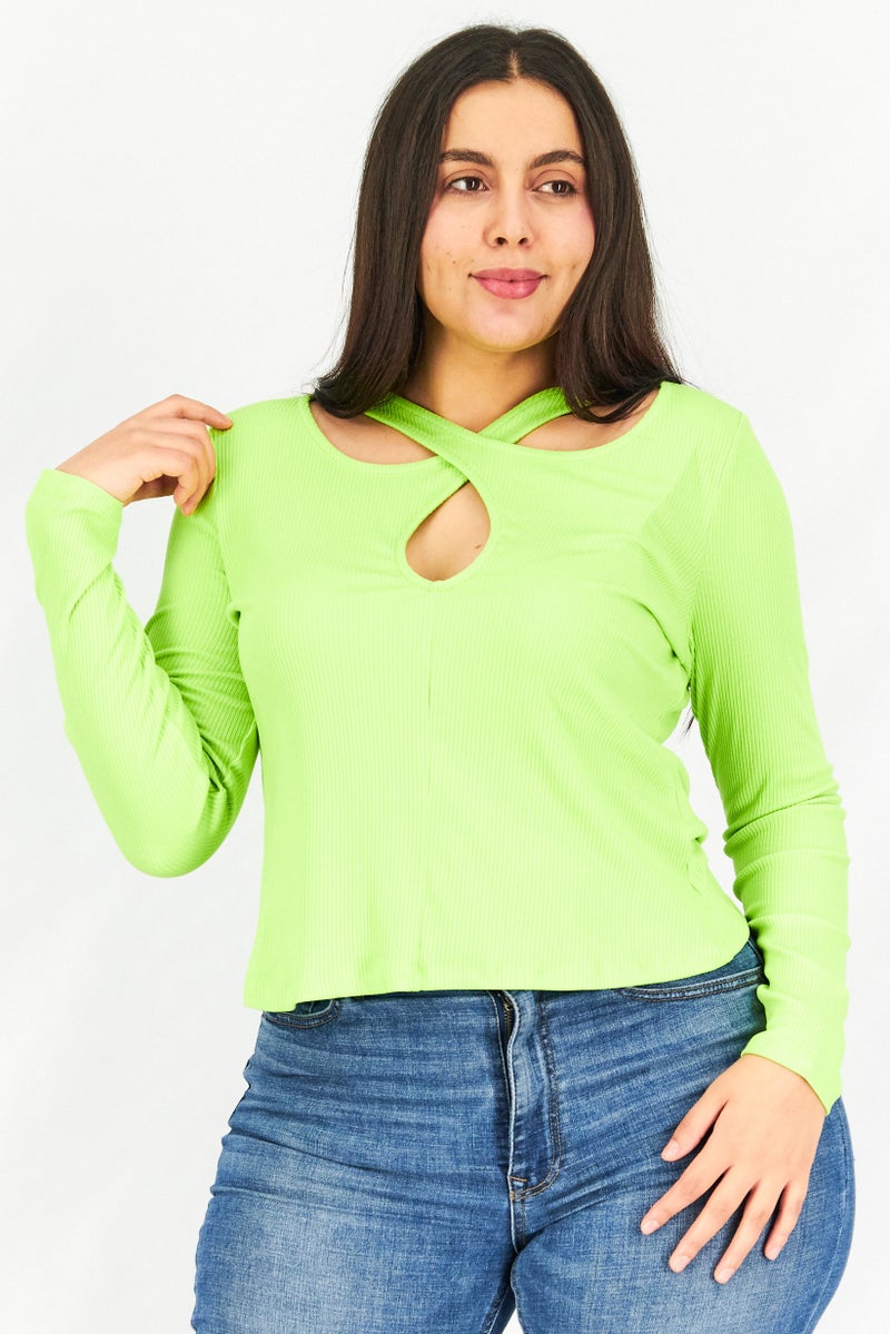 NA-KD Women Halter Neck Long Sleeve Rib Textured Top, Lime - Image 1